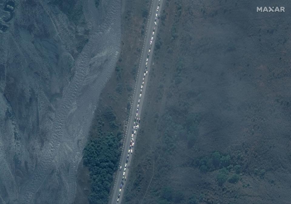 A traffic jam near Russia's border with Georgia on Sept. 25, 2022.