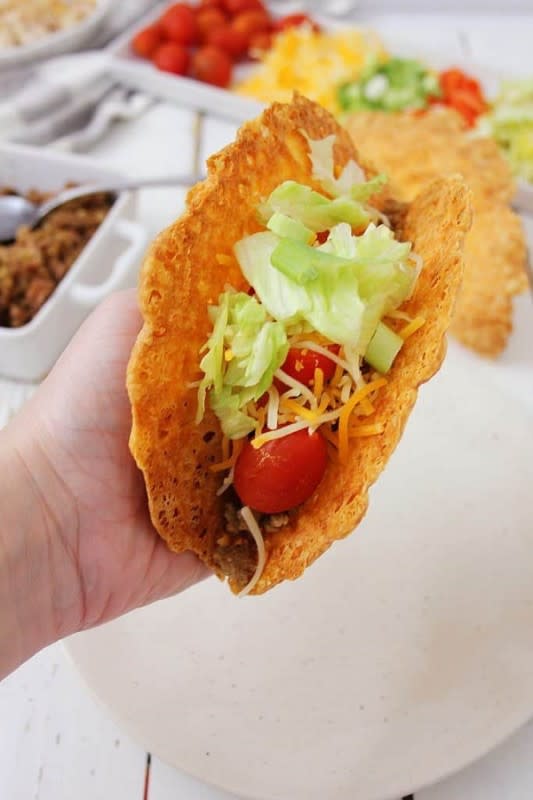 <p>Stylish Cravings</p><p>These easy-to-make Keto Cheese Taco Shells are so good, you’ll never miss the regular shells that are loaded with carbs.</p><p><strong>Get the recipe: </strong><a href="https://stylishcravings.com/keto-cheese-taco-shells/" rel="nofollow noopener" target="_blank" data-ylk="slk:Keto Cheese Taco Shells;elm:context_link;itc:0;sec:content-canvas" class="link rapid-noclick-resp"><strong>Keto Cheese Taco Shells</strong></a></p>