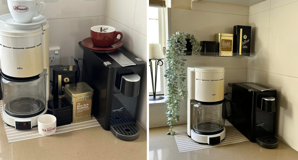 Before and after photos of kitchen coffee station transformed by Kmart shelf