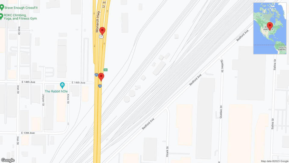 A detailed map that shows the affected road due to 'Broken down vehicle on northbound I-29/I-35 in North Kansas City' on November 23rd at 5:41 p.m.