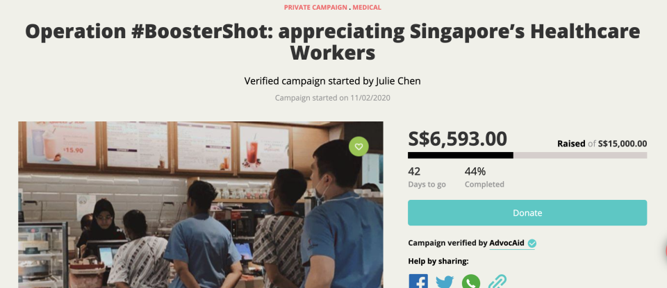 A screenshot of the Ray of Hope campaign page which seeks to raise funds to buy coffee for healthcare workers at Tan Tock Seng Hospital. 