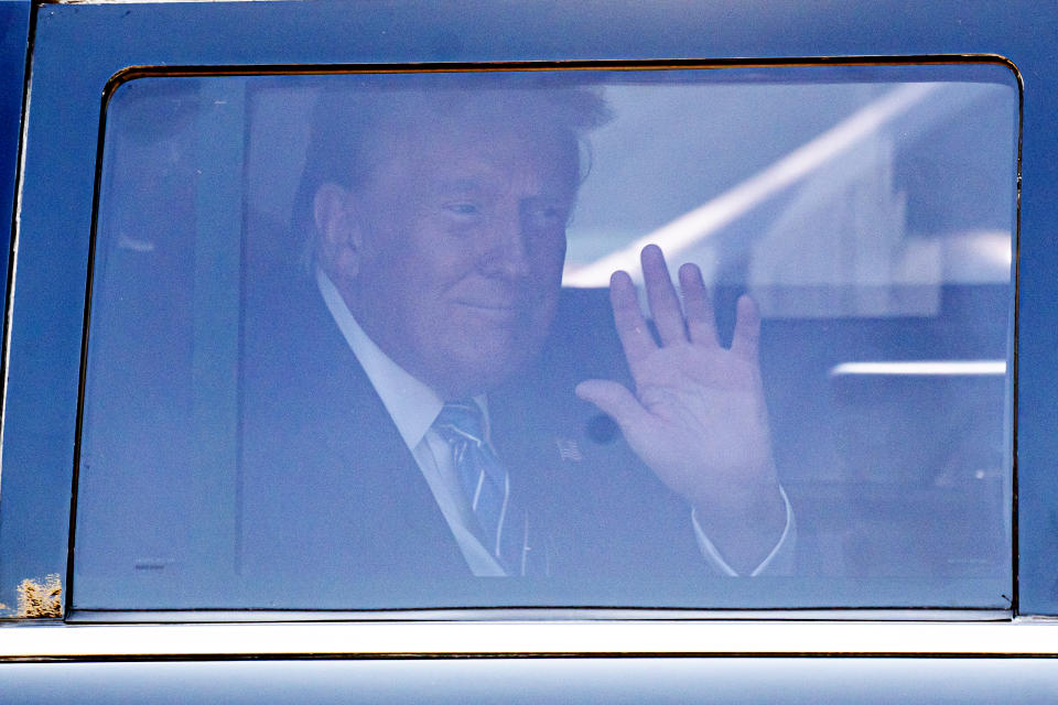 WASHINGTON, DC - JUNE 13: Former U.S. President Donald Trump departs after delivering remarks at a House Republicans Conference meeting at the Capitol Hill Club on June 13, 2024 in Washington, DC. Former President Donald Trump met with Republican congressional members Thursday morning. (Photo by Nathan Howard/Getty Images)