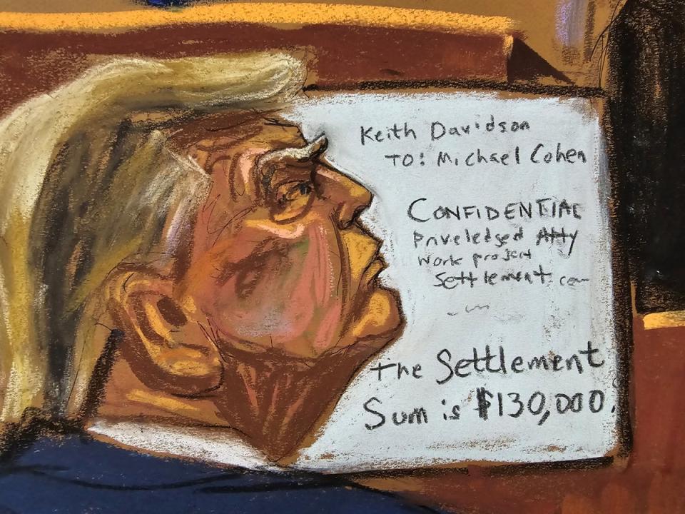 A courtroom sketch depicts Donald Trump reviewing evidence in his hush money trial on May 7 that shows emails from Stormy Daniels’ attorney negotiating a contract for $130,000 for his client (REUTERS)