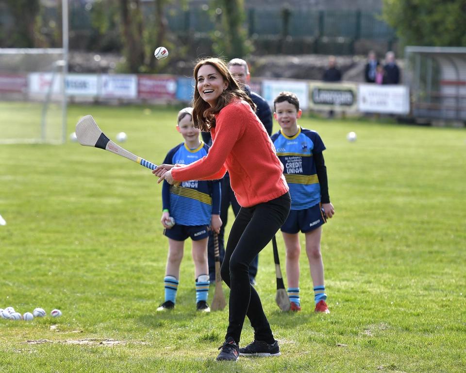 <p>Duchess Kate is willing to try basically any sport. She didn't hesitate while participating in hurling and Gaelic football with the Salthill Gaelic Athletic Association club on a trip to Galway, Ireland. </p>