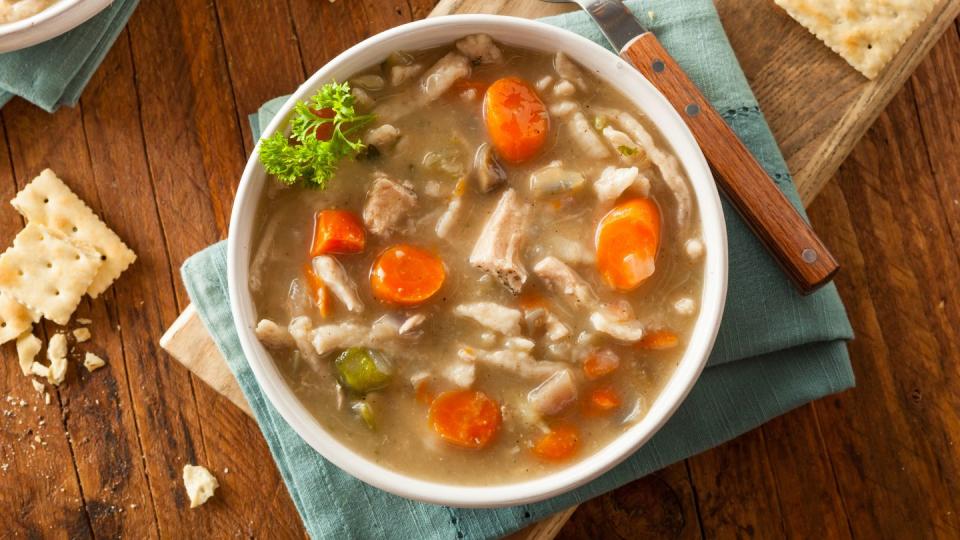 homemade chicken noodle soup with carrots and celery,romania