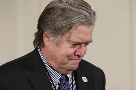 White House Chief Strategist Stephen Bannon arrives for a a joint news conference between German Chancellor Angela Merkel and U.S. President Donald Trump in the East Room of the White House in Washington, U.S., March 17, 2017. REUTERS/Jim Bourg