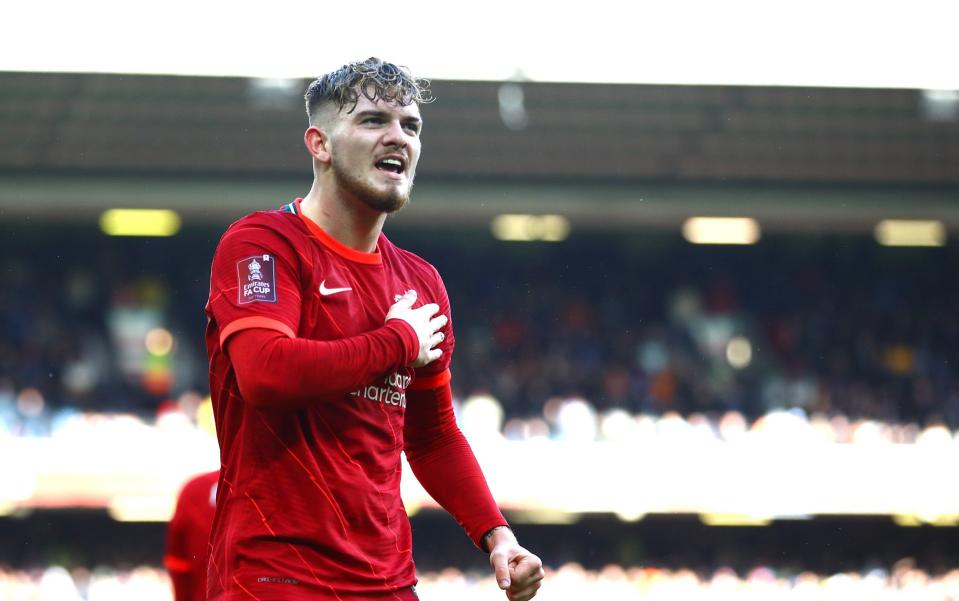 Harvey Elliott of Liverpool celebrates scoring his side's third goal - GETTY IMAGES