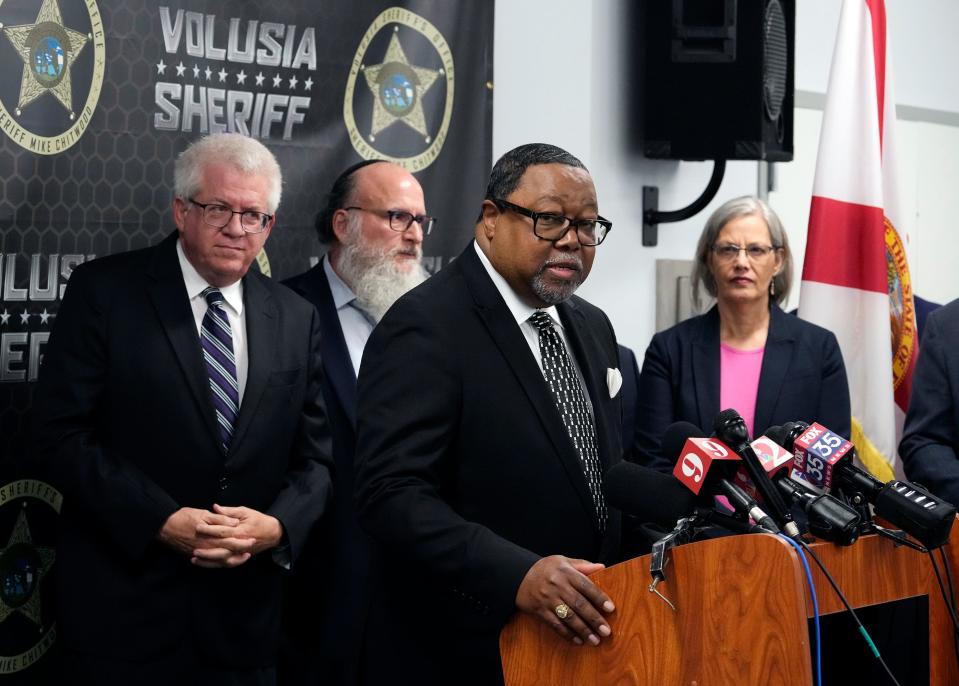 Dr. L. Ronald Durham joins city and county officials as lawmakers and faith leaders come together with Volusia County Sheriff Mike Chitwood to condemn a local hate group during a press conference at the Volusia County Sheriff Training facility on Feb. 27, 2023.