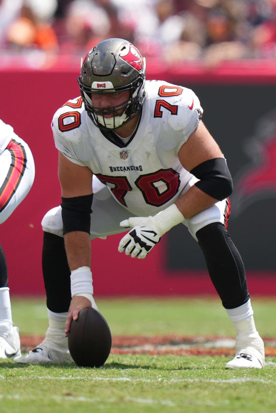 Tampa Bay Buccaneers center Robert Hainsey (70) eyes a defender as he prepares to block during an NFL football game against the Chicago Bears, Sunday, Sept. 17, 2023, in Tampa, Fla. (AP Photo/Peter Joneleit)