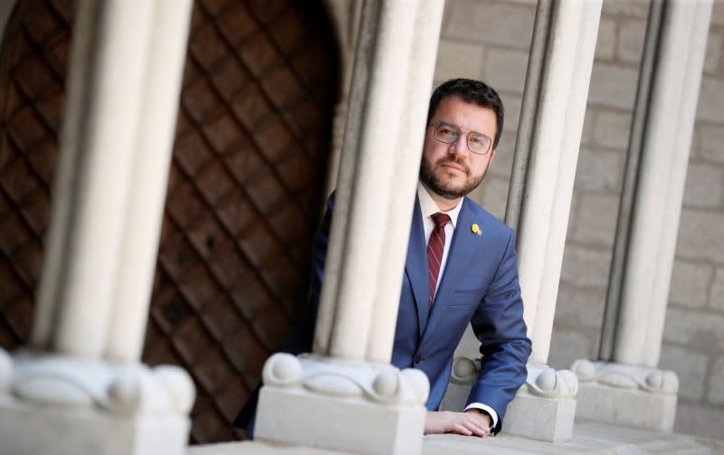 Catalonia's regional head of government Pere Aragones poses during an interview at Palau de la Generalitat in Barcelona