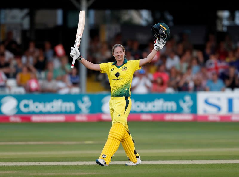 FILE PHOTO: Australia's Meg Lanning celebrates after scoring a century against England