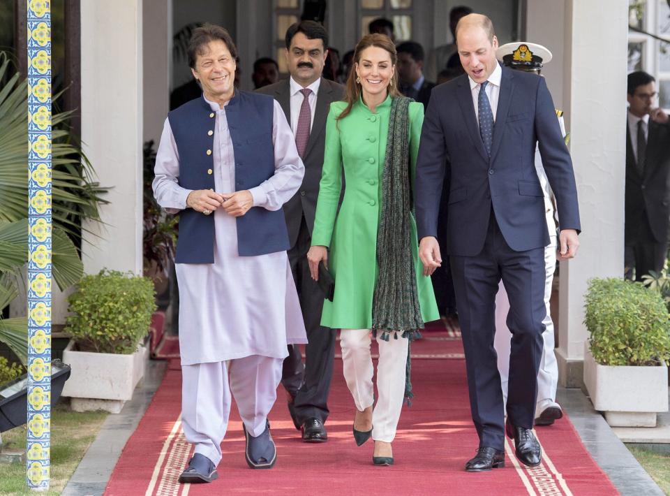 The couple <a href="https://people.com/royals/kate-middleton-and-prince-william-meet-with-pakistans-pm-imran-khan-a-friend-of-princess-diana/" rel="nofollow noopener" target="_blank" data-ylk="slk:sat down with Prime Minister Imran Khan;elm:context_link;itc:0;sec:content-canvas" class="link ">sat down with Prime Minister Imran Khan</a> — an old friend of William’s late mom, Princess Diana.