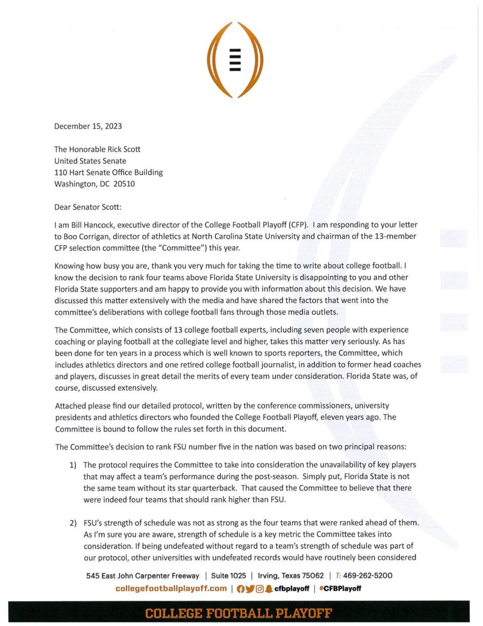 College Football Playoff Committee responds to letter from GOP Senator Rick Scott