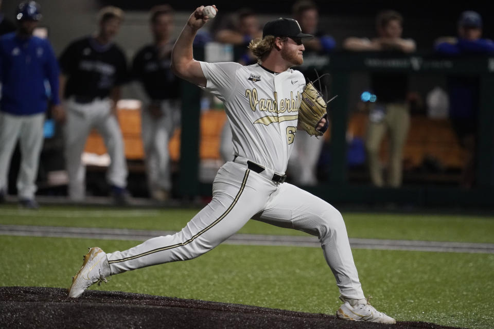 Vanderbilt pitcher Thomas Schultz throws to an Eastern Illinois batter during the seventh inning of an NCAA college baseball tournament regional game Friday, June 2, 2023, in Nashville, Tenn. Vanderbilt won 12-2. (AP Photo/George Walker IV)