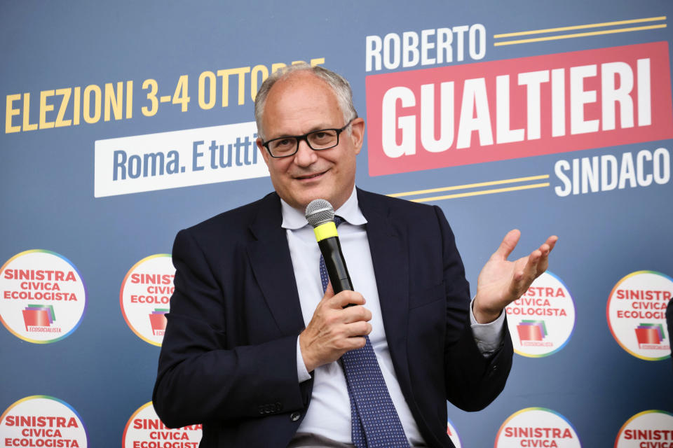 Roberto Gualtieri speaks during a Rome mayoral election campaign rally in Rome, on Wednesday, Sept. 8, 2021. Romans are waiting to learn who will be their next mayor, following runoff elections that ended Monday in Italian capital. The top vote-getters in the first round of balloting two weeks earlier, Enrico Michetti, a novice politician backed by a far-right leader, and Roberto Gualtieri, a Democrat and former finance minister, competed in the runoff Sunday and Monday. (Mauro Scrobogna/LaPresse via AP)