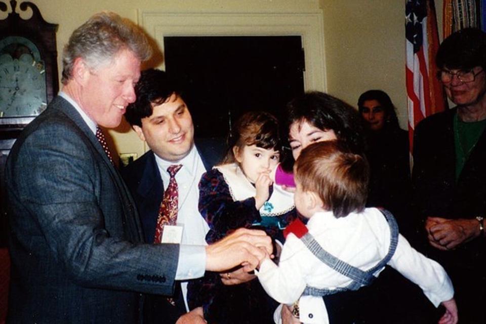 Feb. 1995: Ron leaving Clinton Admin to go back to the Hill to run dem leadership operation, photo has Hannah and Mike with Monica