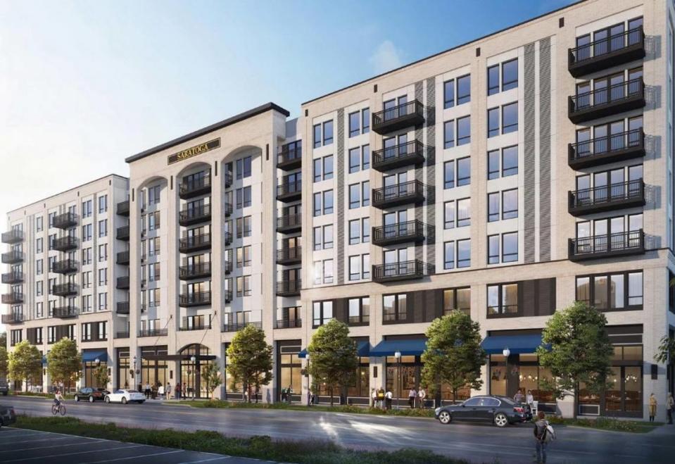 An architectural rendering of the seven-story Broadstone Saratoga apartment complex planned in downtown Boise. 