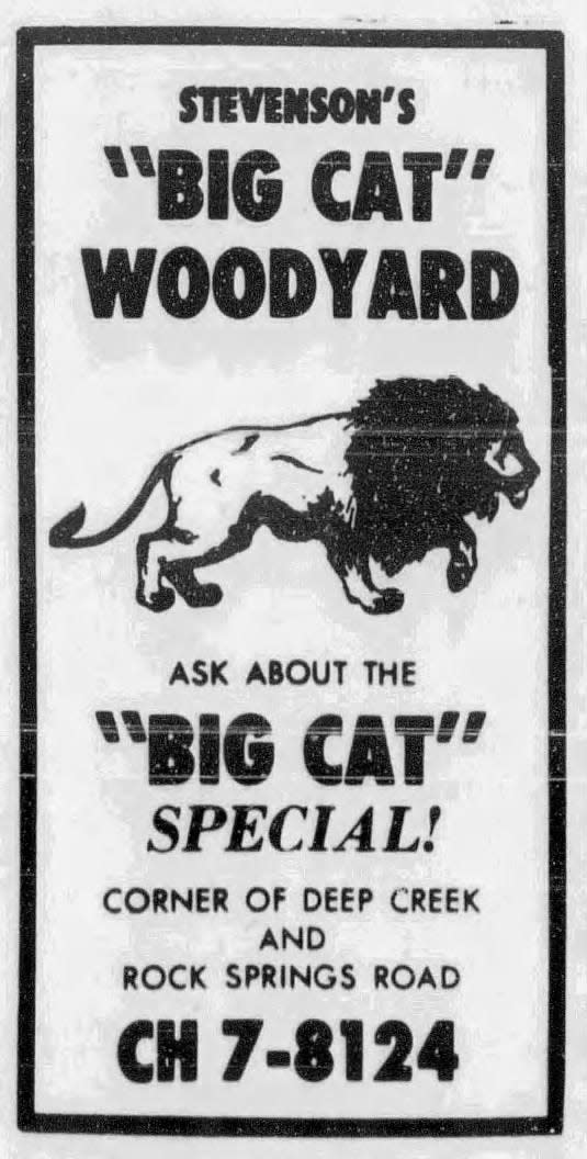 A 1964 photo in the Daily Press advertises Stevenson’s “Big Cat” Woodyard located on the corner of Deep Creek and Rock Springs roads.