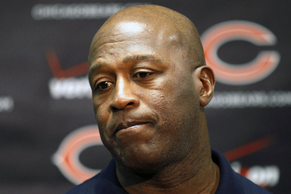 FILE - In this Nov. 21, 2011, file photo, Chicago Bears head coach Lovie Smith speaks at a news conference in Lake Forest, Ill. Smith's coaching tenure in Chicago may not have ended had the Bears made the playoffs his final three seasons instead of missing out by one spot his last two years. (AP Photo/Charles Rex Arbogast, File)