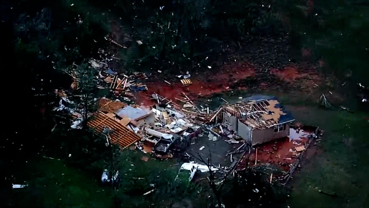 Damage to a home in Cole, Okla., after a possible tornado hit the area on Wednesday, April 19, 2023. (KFOR - News Nation)