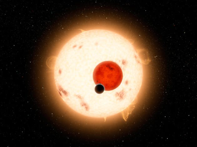 NASA handout image shows an artist's concept of the planet Kepler-16b with its two stars. The cold planet, with its gaseous surface, is not thought to be habitable. The largest of the two stars, a K dwarf, is about 69 percent the mass of our sun, and the smallest, a red dwarf, is about 20 percent the sun's mass. These star pairs are called eclipsing binaries. REUTERS/NASA/JPL-Caltech/R. Hurt/Handout