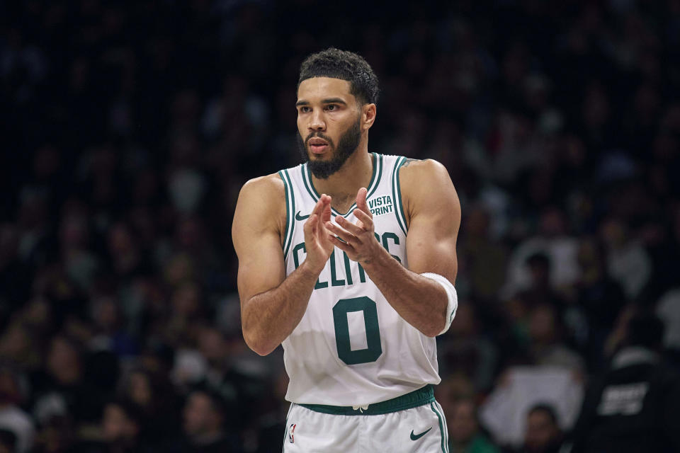 Boston Celtics' Jayson Tatum celebrates during an NBA basketball game against the Brooklyn Nets on Saturday, Nov. 4, 2023, in New York. (AP Photo/Andres Kudacki)