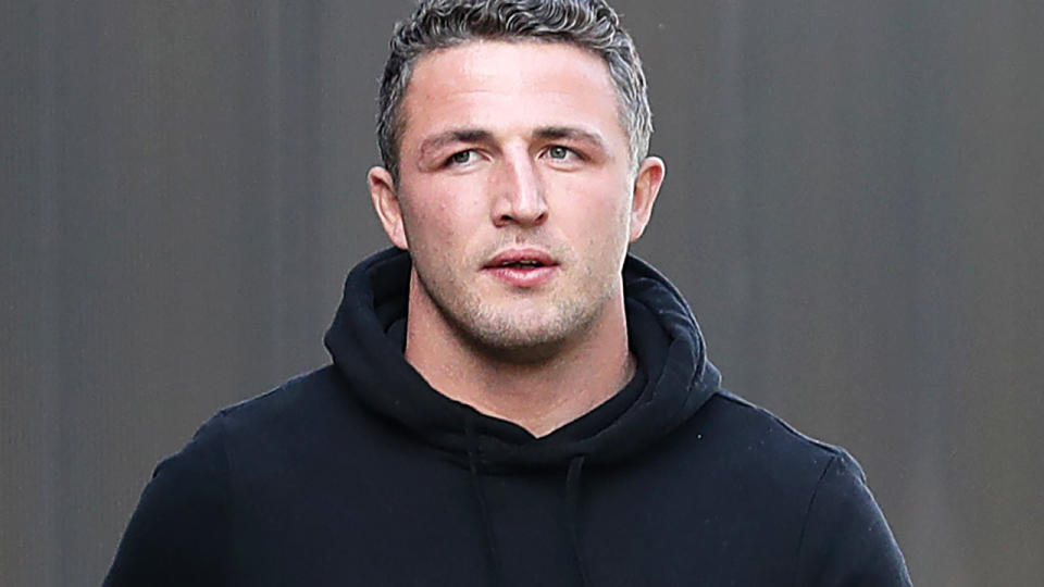 Sam Burgess, pictured here after a South Sydney team meeting in May.