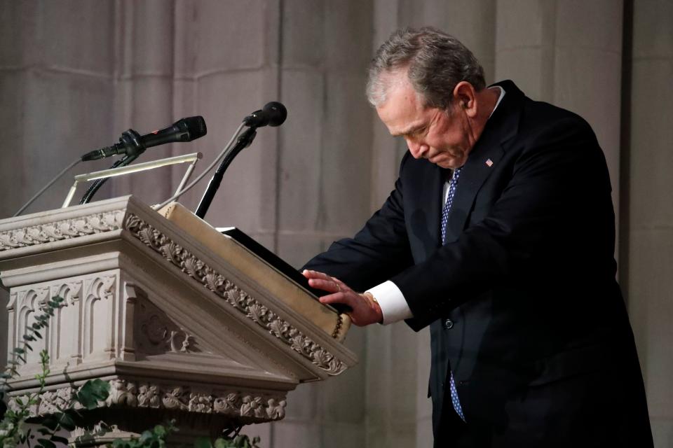 Former US President George W. Bush speaks at the State Funeral for his father, former US President George H.W. Bush.