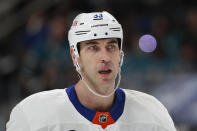 FILE - New York Islanders defenseman Zdeno Chara (33) is shown during a break in the second period of an NHL hockey game against San Jose Sharks in San Jose, Calif., Thursday, Feb. 24, 2022. Chara has announced his retirement Tuesday, Sept. 20, 2022,after playing 21 NHL seasons and captaining the Boston Bruins to the Stanley Cup in 2011. The 6-foot-9 defenseman from Slovakia is calling it a career at age 45. (AP Photo/Josie Lepe, File)