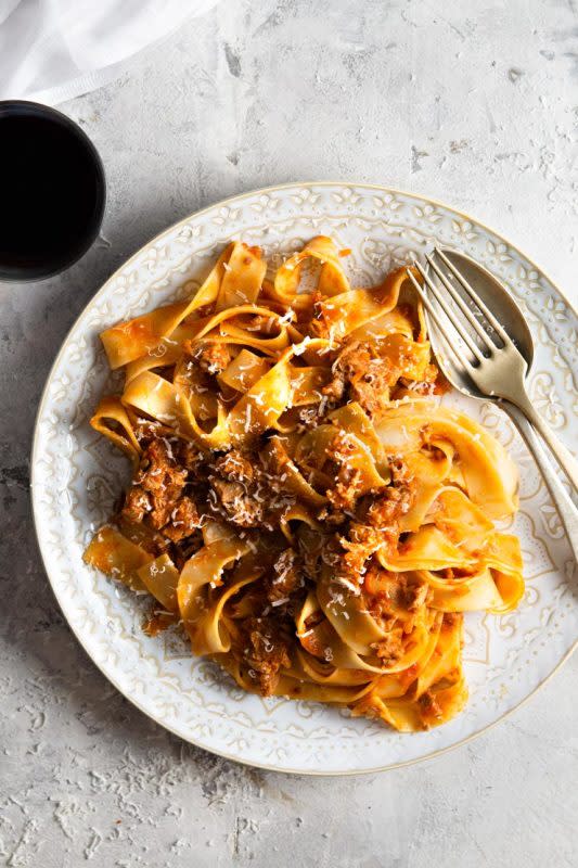 <p>Inside the Rustic Kitchen</p><p>A rich Venetian duck ragu made with cinnamon, orange and white wine and tossed with pappardelle pasta. This beautiful pasta dish has a festive feel to it but can be eaten all year round. It's super comforting, easy to prepare and sure to impress!</p><p><strong>Get the recipe: <a href="https://www.insidetherustickitchen.com/duck-ragu/" rel="nofollow noopener" target="_blank" data-ylk="slk:Duck Ragu;elm:context_link;itc:0;sec:content-canvas" class="link ">Duck Ragu</a></strong></p>