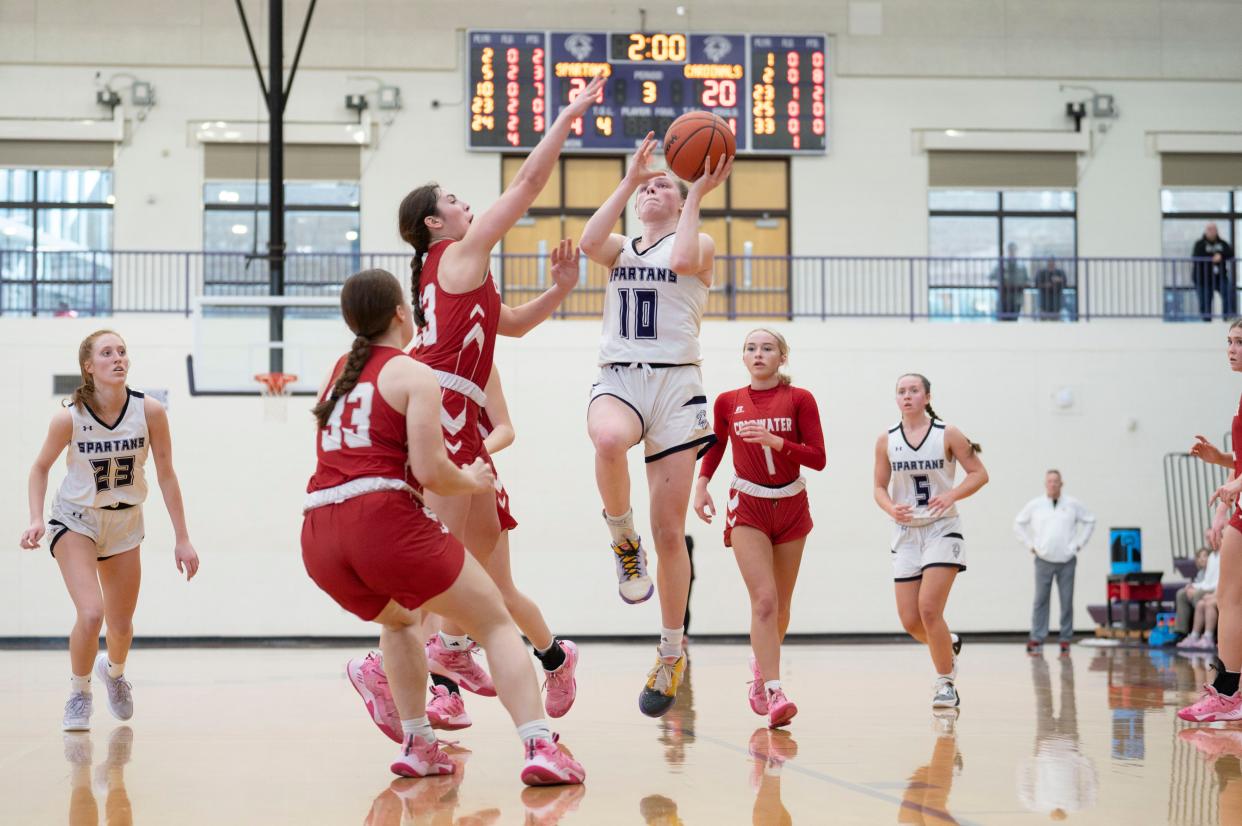 Lakeview sophomore Anya Rankin takes a hot during the district final game against Coldwater at Lakeview High School on Saturday, March 4, 2023.