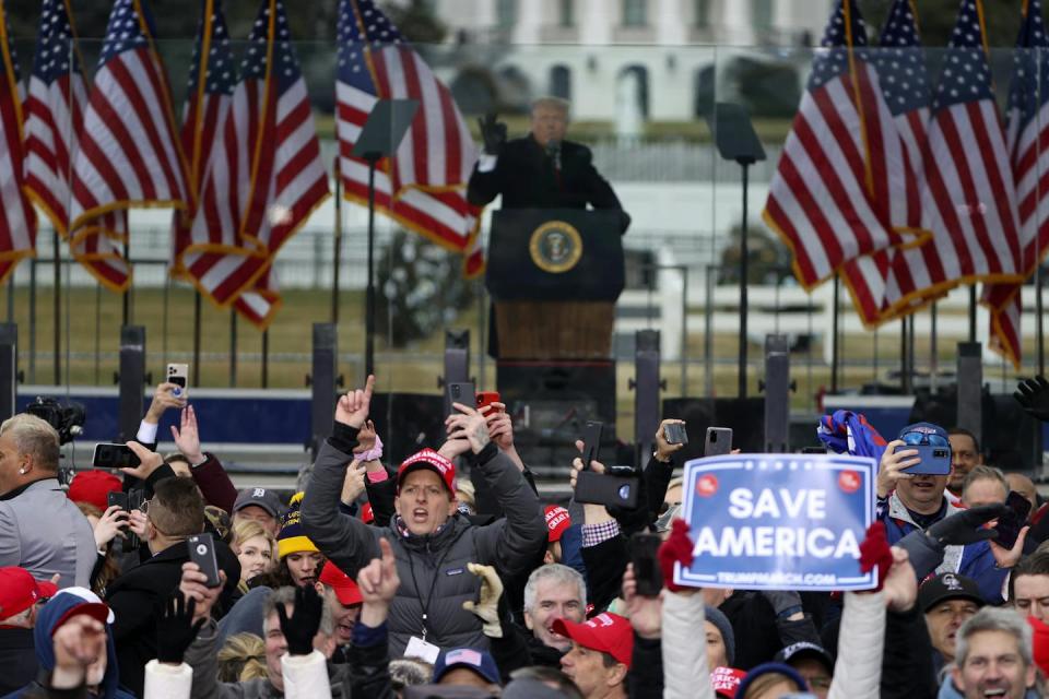 President Donald Trump speaks at the ‘Stop The Steal’ Rally on Jan. 6, 2021, in Washington. <a href="https://www.gettyimages.com/detail/news-photo/president-donald-trump-speaks-at-the-stop-the-steal-rally-news-photo/1294908917?adppopup=true" rel="nofollow noopener" target="_blank" data-ylk="slk:Tasos Katopodis/Getty Images;elm:context_link;itc:0;sec:content-canvas" class="link ">Tasos Katopodis/Getty Images</a>