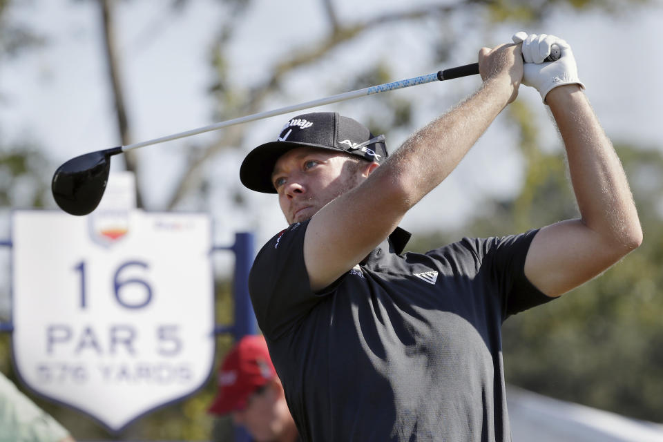 Talor Gooch tees off on the 16th hole during the first round of the Houston Open golf tournament Thursday, Nov. 11, 2021, in Houston. (AP Photo/Michael Wyke)