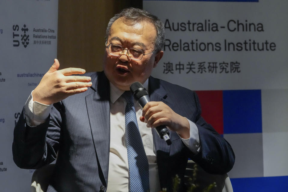 Liu Jianchao, Minister of the International Department of the Central Committee of the Communist Party of China, gestures as he answers questions following his address at University of Technology Sydney, in Sydney, Australia, Tuesday, Nov. 28, 2023. (AP Photo/Mark Baker)