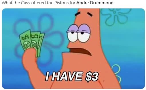 球迷製圖「騎士只出3塊錢買到Drummond」嘲諷。（圖／翻攝自推特）