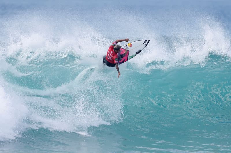 Italo Ferreira from Brazil surfs a wave during the WSL championship at Supertubo beach in Peniche