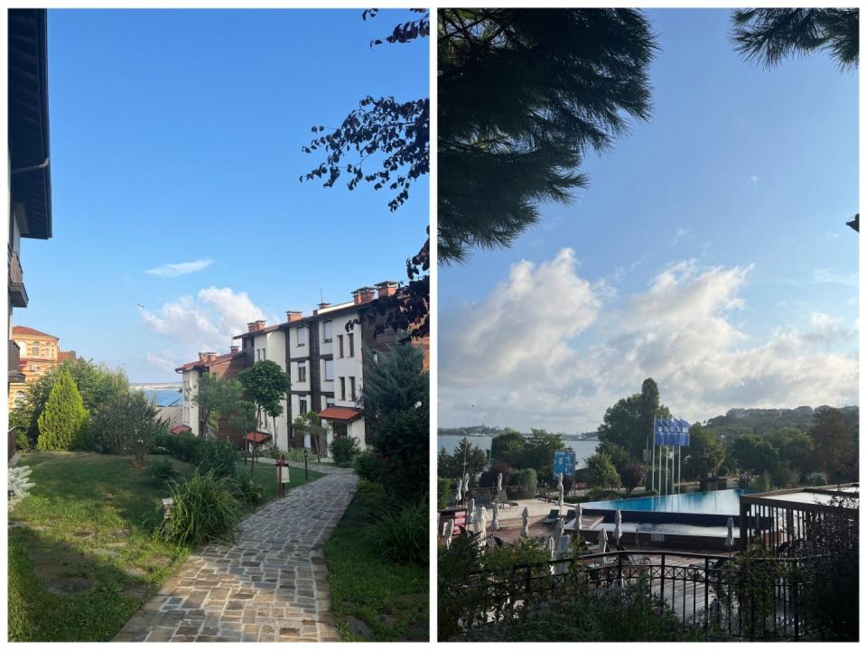 Left, a path with nice apartments to the side. Right, a swimming pool.