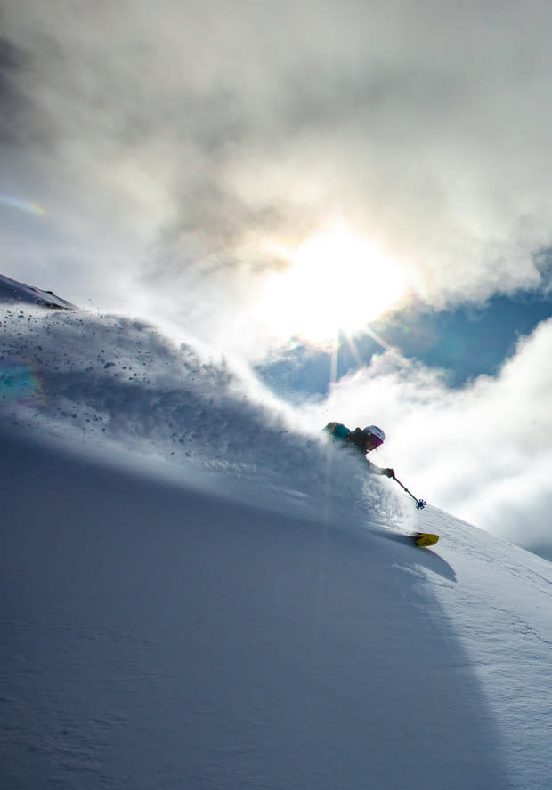 The sun has a knack for disappearing on this side of the world. Finding a stash of pow, our crew hustled to knock out a few of the day's last turns.<p>Photo: Ryan Salm</p>