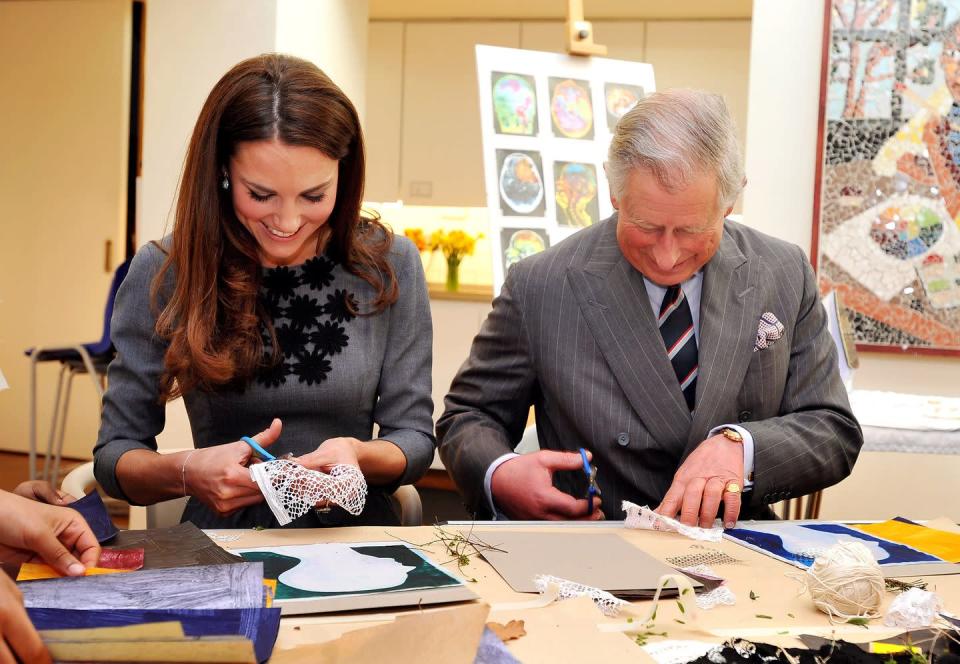 <p>Kate wore this gray Orla Kiely dress when she and her father-in-law Prince Charles made some artwork together at a gallery in London (this was also where the famous Prince-Charles-doesn't-know-how-to-iron incident happened). Adorable.</p>