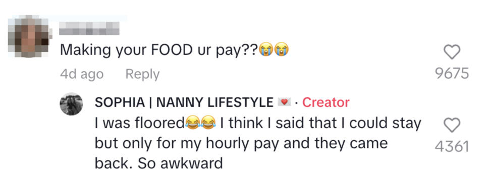 Two comments on a social media post, one from a user named Elizabeth reacting to the original post, and a response from the creator SOPHIA | NANNY LIFESTYLE