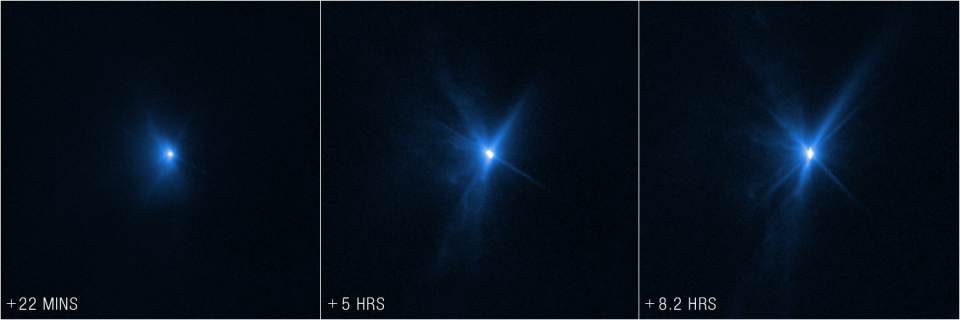 These images from NASA’s Hubble Space Telescope, taken (left to right) 22 minutes, 5 hours, and 8.2 hours after NASA’s Double Asteroid Redirection Test (DART) intentionally impacted Dimorphos, show expanding plumes of ejecta from the asteroid’s body. The Hubble images show ejecta from the impact that appear as rays stretching out from the body of the asteroid. The bolder, fanned-out spike of ejecta to the left of the asteroid is in the general direction from which DART approached.