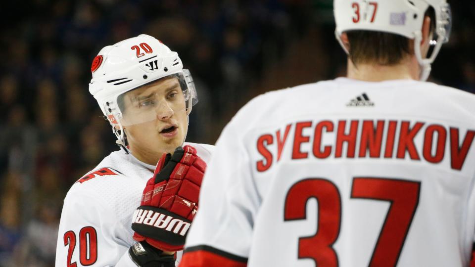 The Carolina Hurricanes star takes some jabs at his fellow countryman. (Photo by Jared Silber/NHLI via Getty Images)