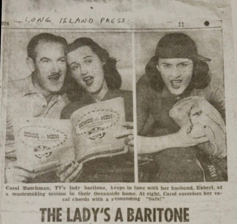 A clipping from the Long Island Press shows Carol Buschmann and her husband Robert Buschmann.