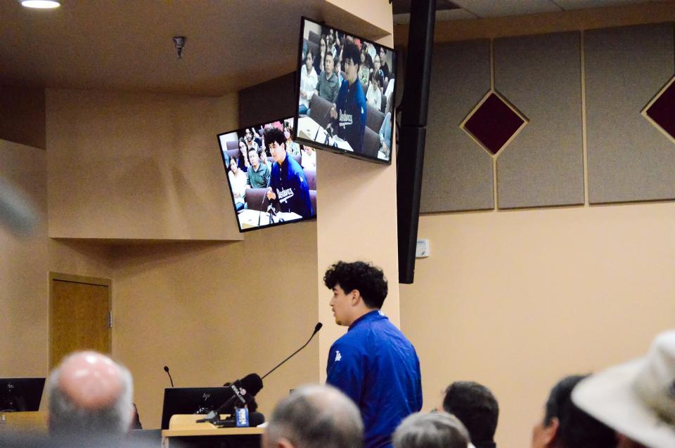 Organ Mountain High School student Darien Herrera voices his support for school resource officers during a Sept.19 school board meeting. Herrera told the board about his own encounter with an active shooter at a restaurant in Albuquerque, N.M.