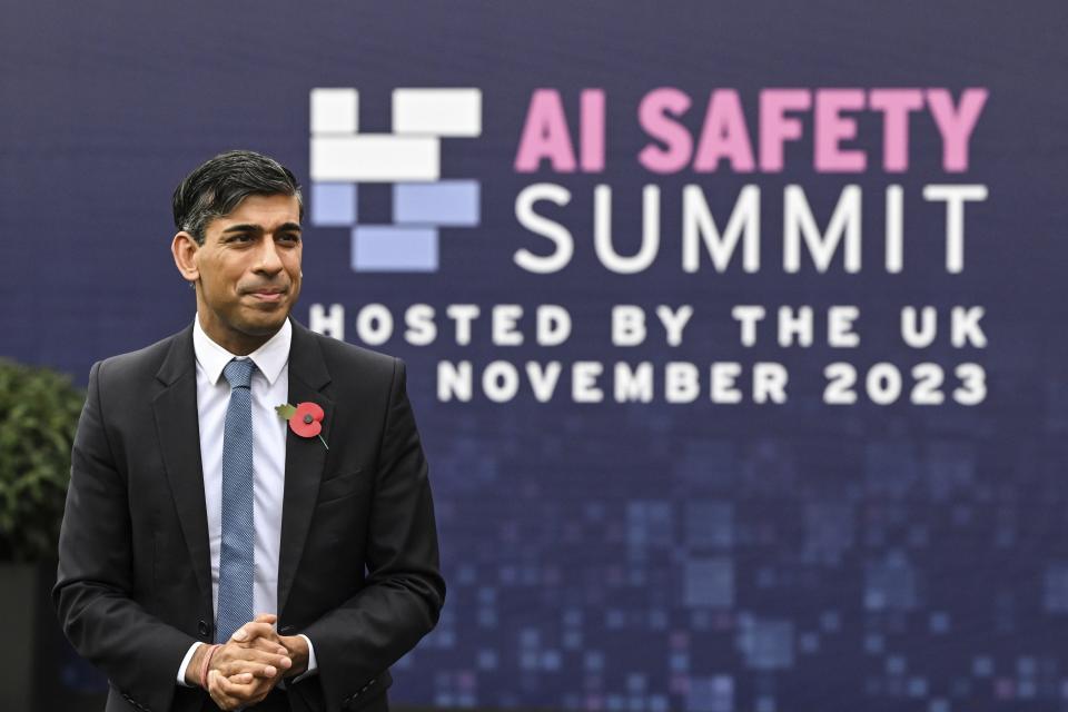 Britain's Prime Minister Rishi Sunak arrives for the second day of the UK Artificial Intelligence (AI) Safety Summit, at Bletchley Park, in Bletchley, England, Thursday, Nov. 2, 2023. U.S. Vice President Kamala Harris and British Prime Minister Rishi Sunak are set to join delegates Thursday at a U.K. summit focused on containing risks from rapid advances in cutting edge artificial intelligence. (Justin Tallis/Pool Photo via AP)