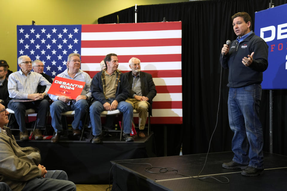 Republican presidential candidate Florida Gov. Ron DeSantis speaks during a campaign event, Wednesday, Jan. 3, 2024, in Waukee, Iowa. (AP Photo/Charlie Neibergall)