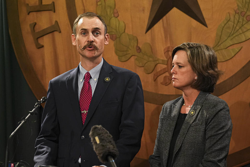 House impeachment manager Rep. Andrew Murr, left, speaks at a news conference after Attorney General Ken Paxton was acquitted of all charges in his impeachment trial at the Texas Capitol, Saturday, Sept. 16, 2023, in Austin, Texas. (Aaron E. Martinez/Austin American-Statesman via AP, Pool)