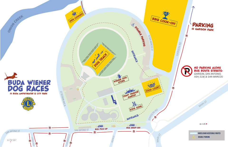 The 2023 Buda Weiner Dog Races Map shows a dog track, food court, vendors and the BBQ Cook-Off event.
