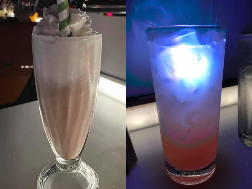milkshake from sci fi dine in and a cocktail with a glow cube from sci fi dine in
