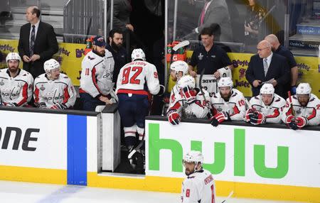 May 30, 2018; Las Vegas, NV, USA; Washington Capitals center Evgeny Kuznetsov (92) skates to the bench after suffering an apparent injury against the Vegas Golden Knights in the first period in game two of the 2018 Stanley Cup Final at T-Mobile Arena. Mandatory Credit: Stephen R. Sylvanie-USA TODAY Sports